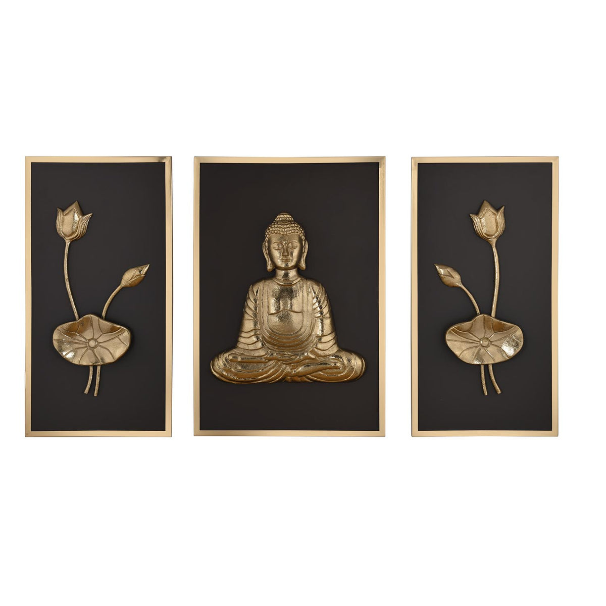 Buddha and Lotus Wall Art Set of 3 - Gold and Brown