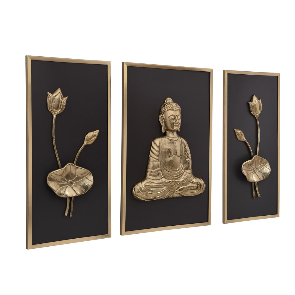 Buddha and Lotus Wall Art Set of 3 - Gold and Brown