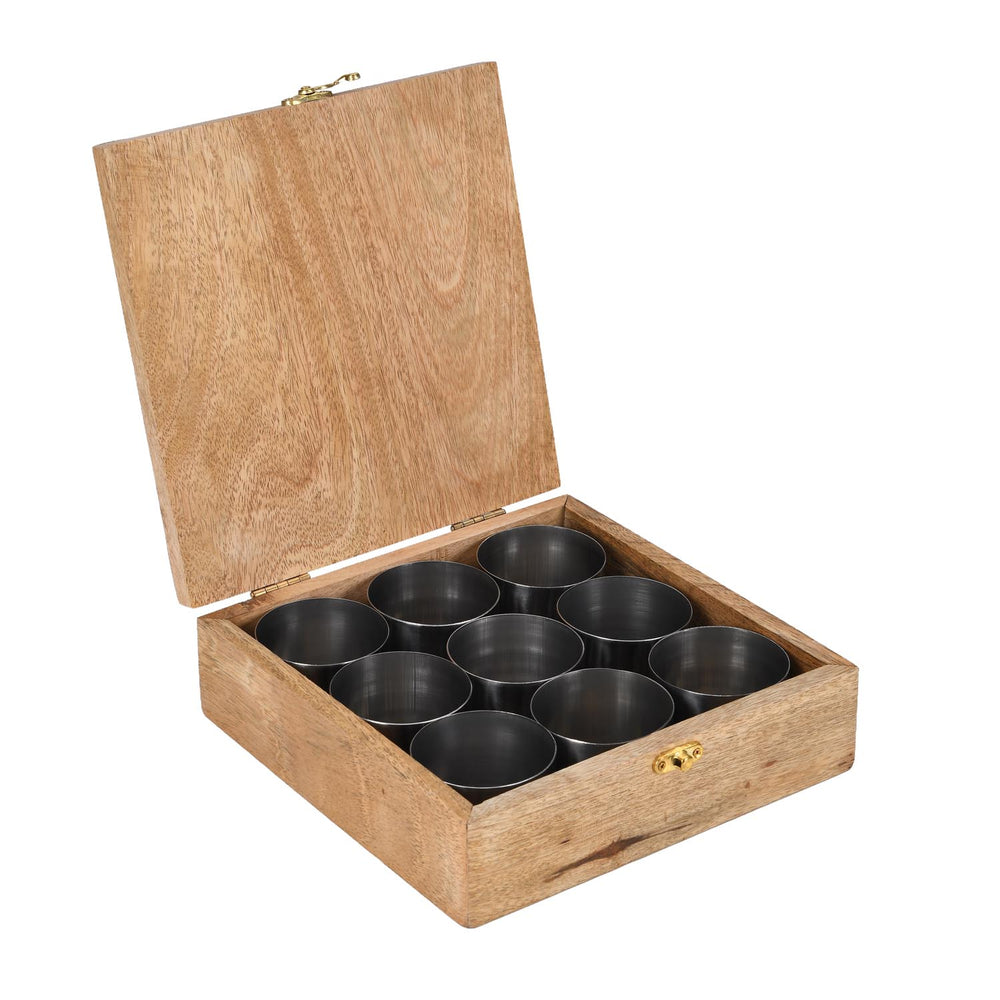 Wooden Masala Box With Stainless Steel Bowls- Yellow