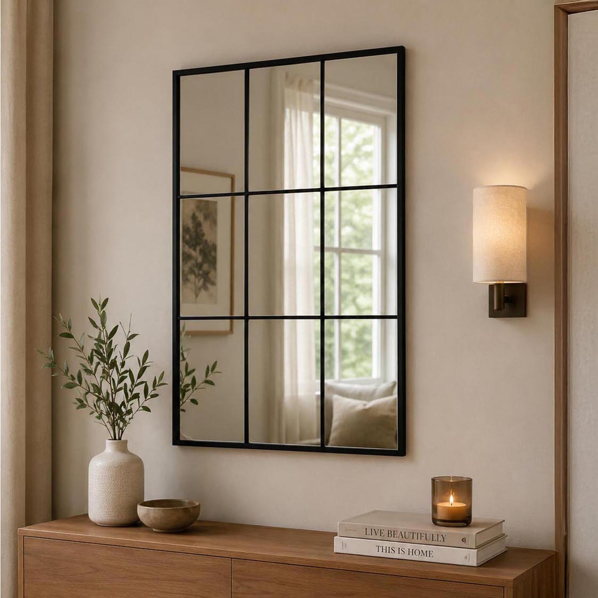Window Pane Wall Mirror- Black