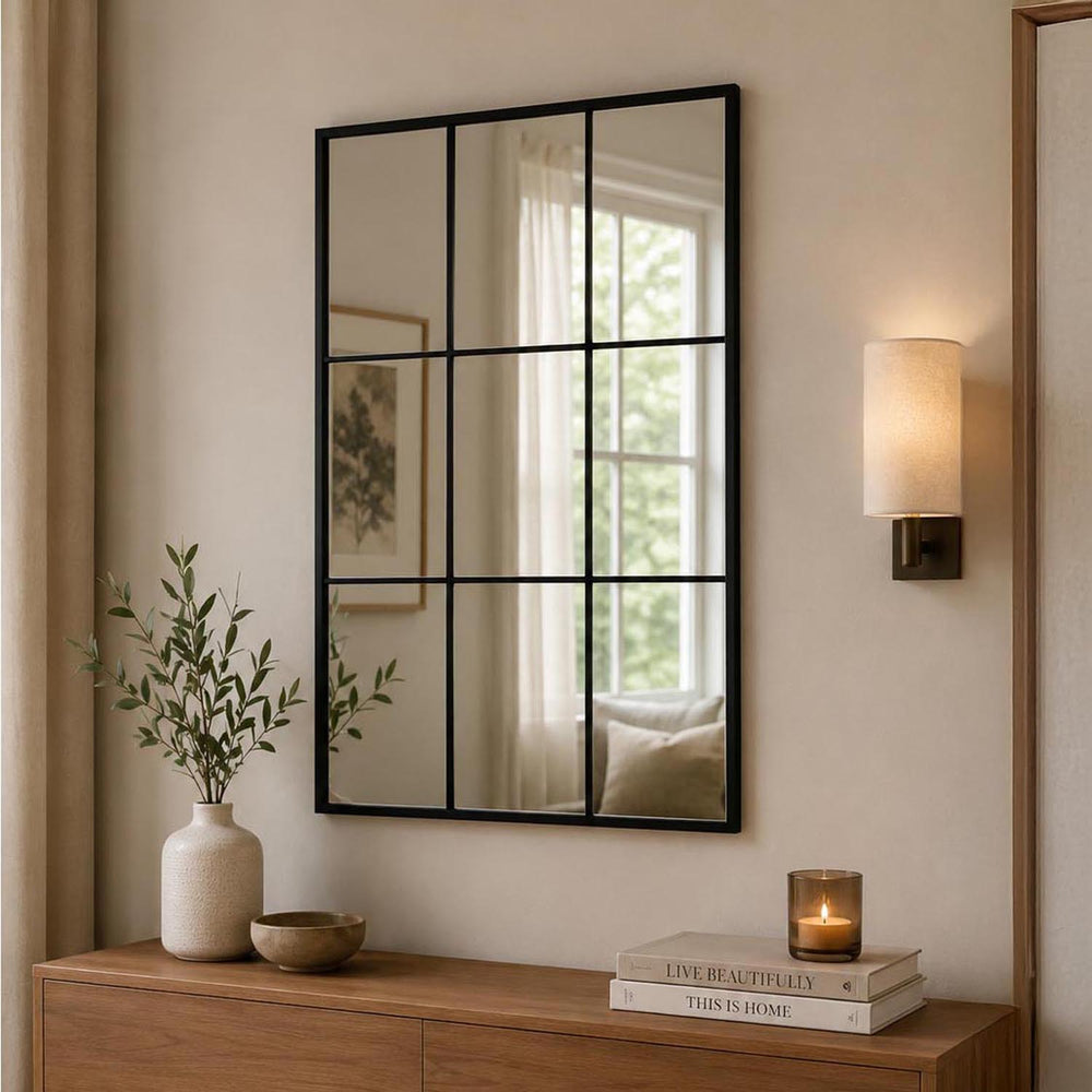 Window Pane Wall Mirror- Black