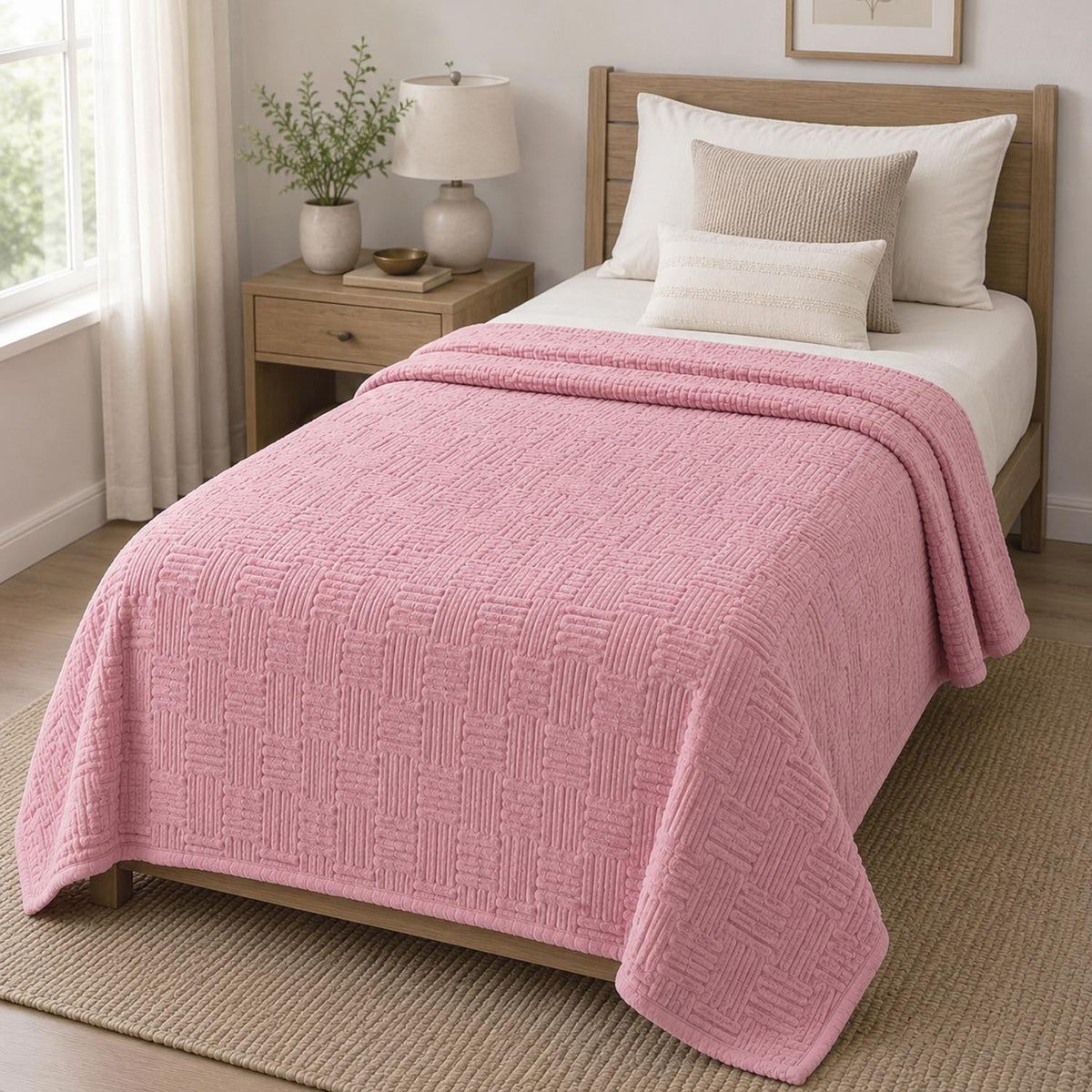 Jacquard Geometric Polyester Single Blanket- Pink