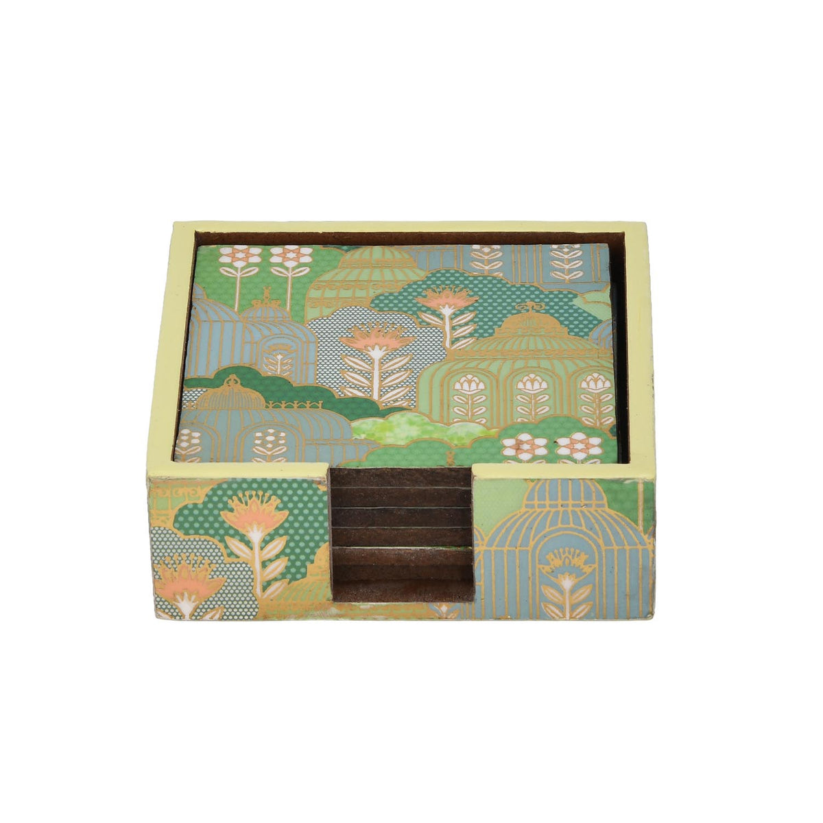 Decorative Coaster Set of 4 with Holder- Green