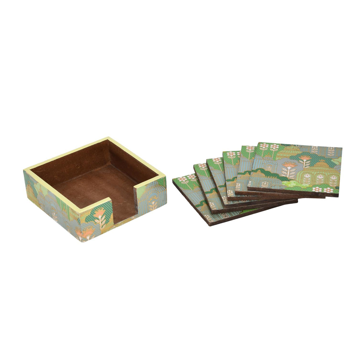 Decorative Coaster Set of 4 with Holder- Green