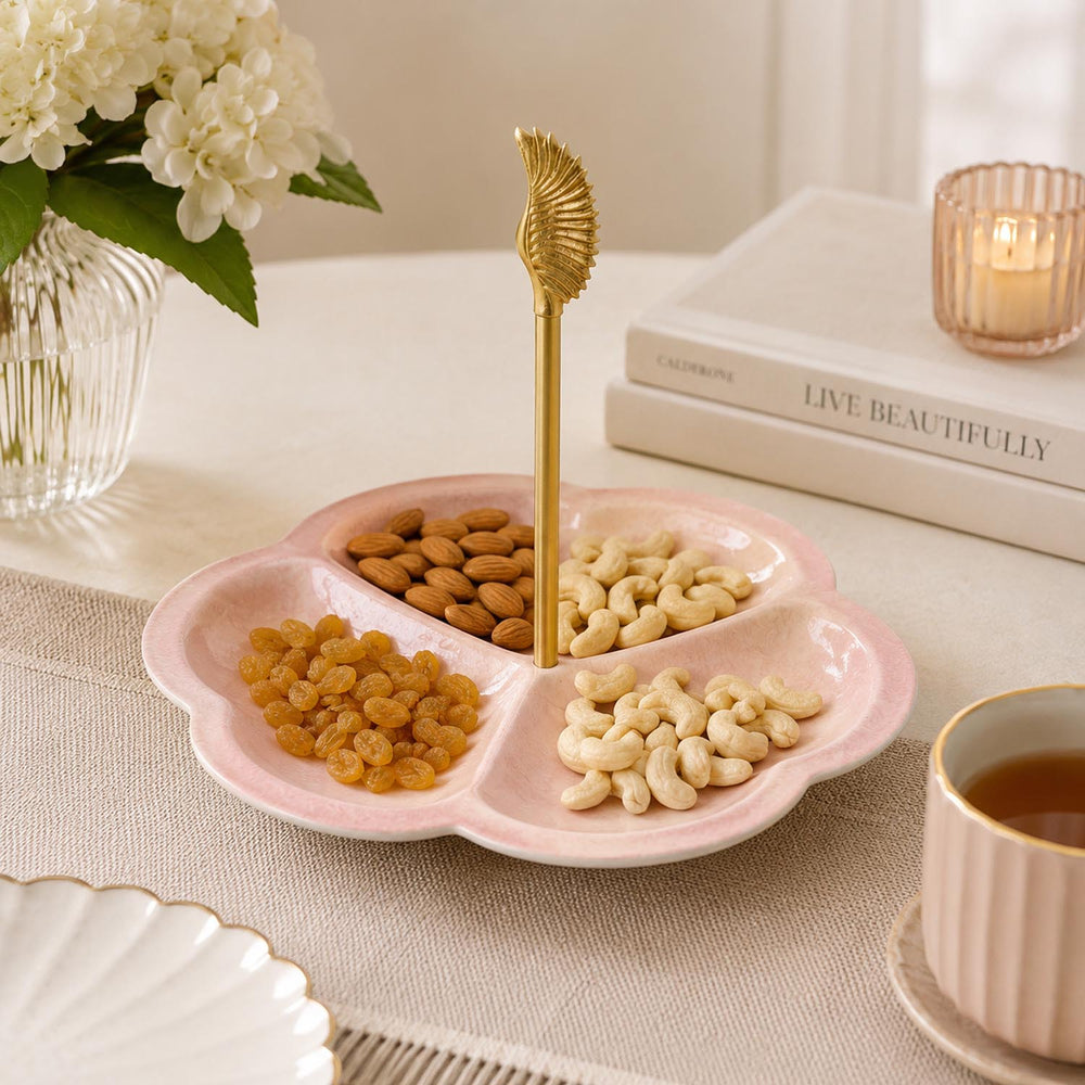 La Rosa 3-Section Clover Serving Platter with Wing Handle- Pink & Gold
