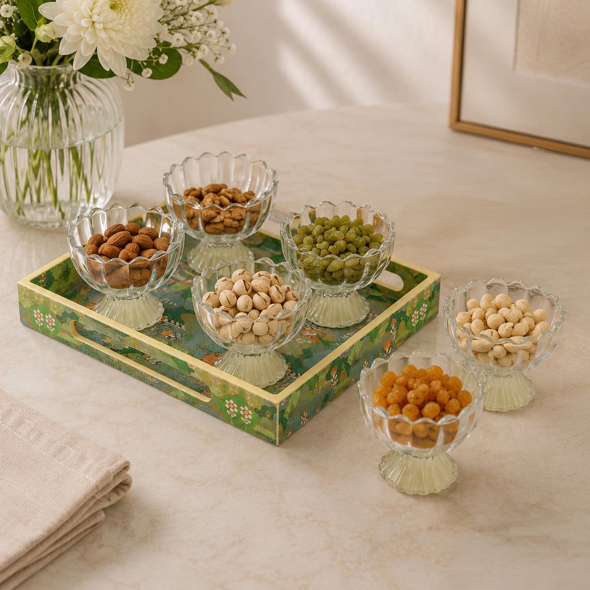 Decorative Tray With 6 Bowls- Green