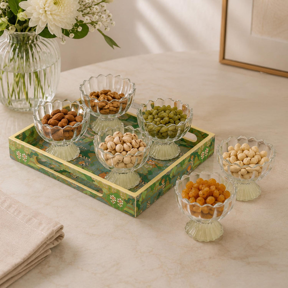 Decorative Tray With 6 Bowls- Green