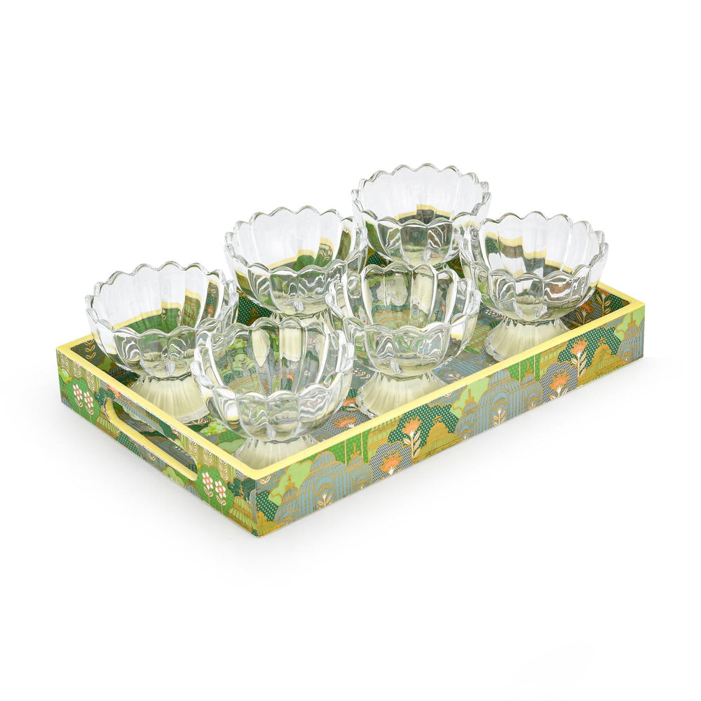 Decorative Tray With 6 Bowls- Green