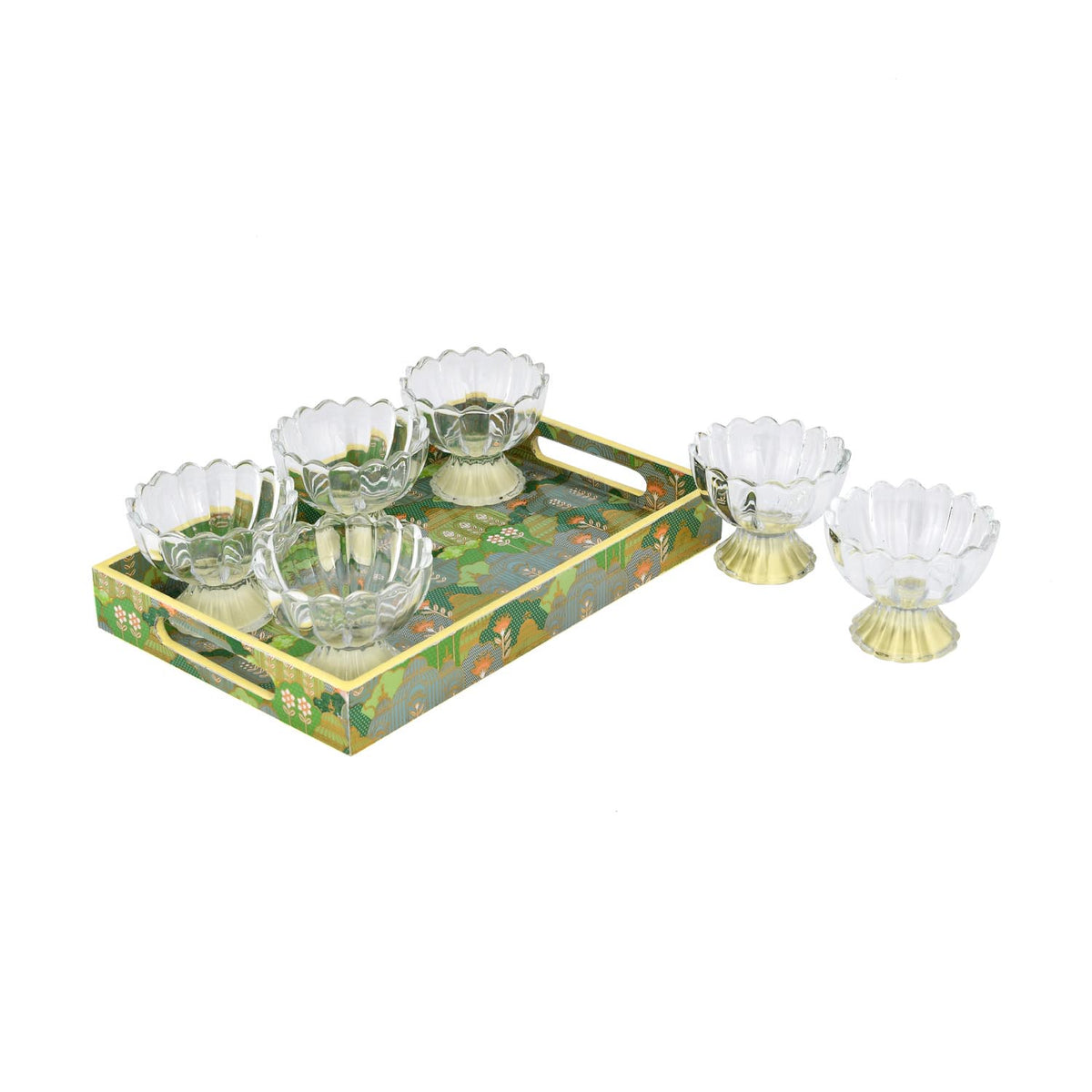 Decorative Tray With 6 Bowls- Green