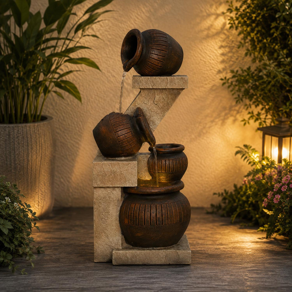 Zig Zag Trio Pots Polyresin Water Fountain- Brown