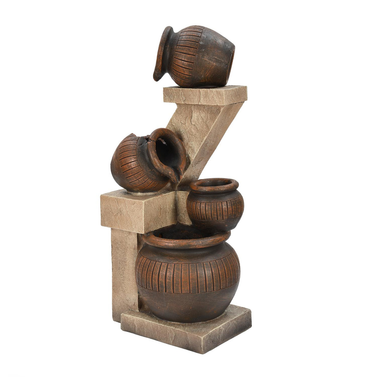 Zig Zag Trio Pots Polyresin Water Fountain- Brown