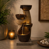 Zig Zag Trio Bowls Polyresin Water Fountain- Brown