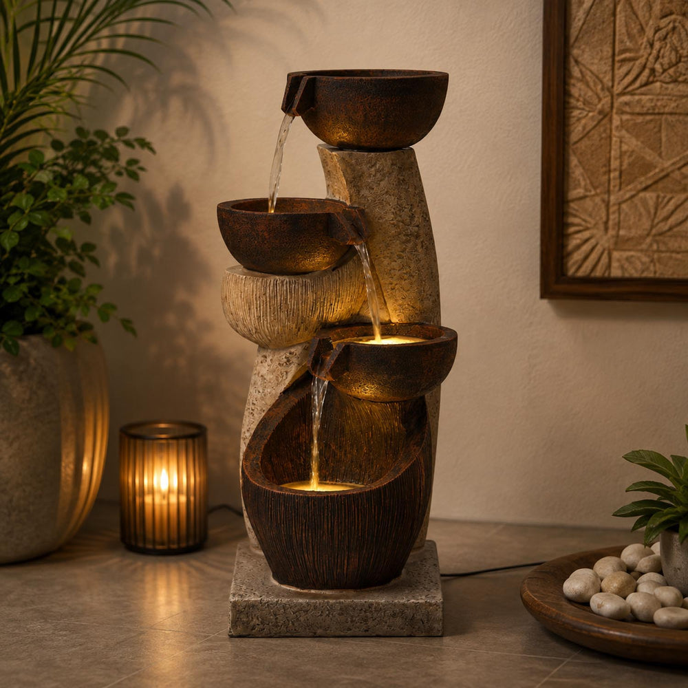 Zig Zag Trio Bowls Polyresin Water Fountain- Brown