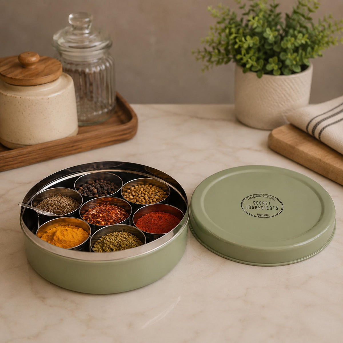Round Iron Masala Box With 7 Bowls and Lid- Sage Green