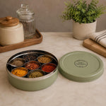 Round Iron Masala Box With 7 Bowls and Lid- Sage Green