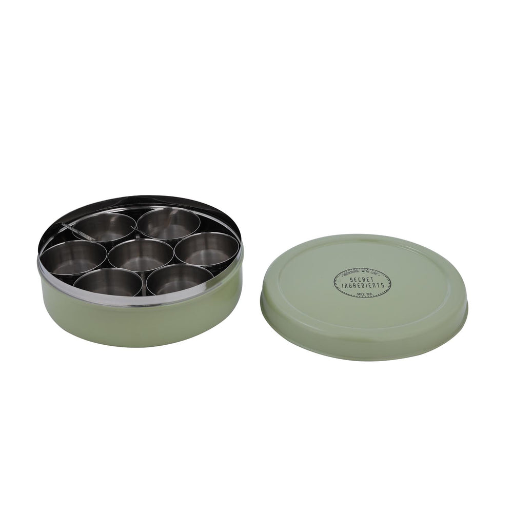 Round Iron Masala Box With 7 Bowls and Lid- Sage Green