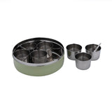 Round Iron Masala Box With 7 Bowls and Lid- Sage Green
