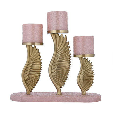 La Rosa Decorative 3 Piece Candle Holder with Wing Base- Pink & Gold