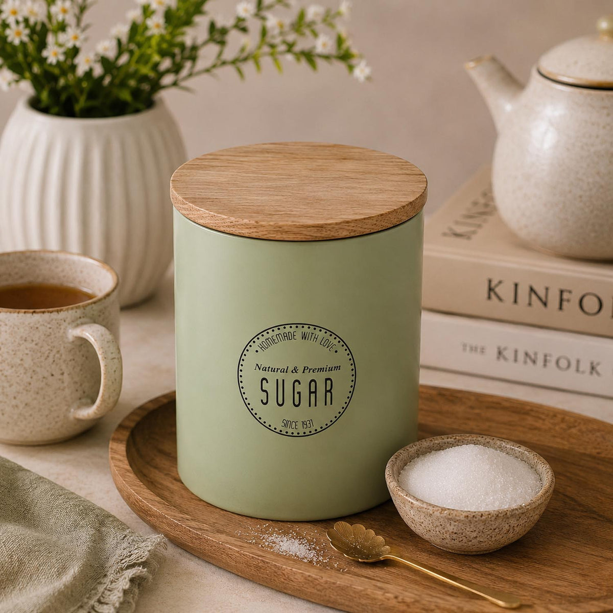 Iron Sugar Canister with Wooden Lid- Sage Green
