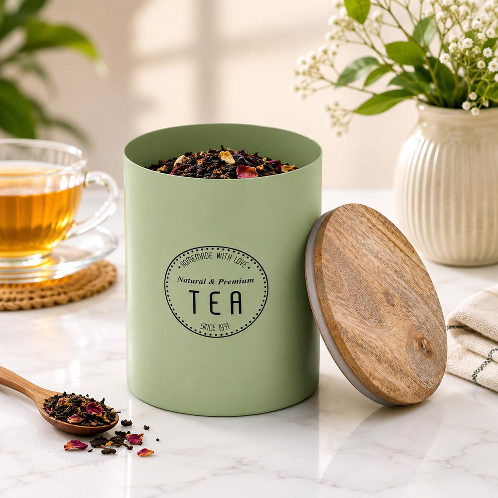Iron Tea Canister with Wooden Lid- Sage Green
