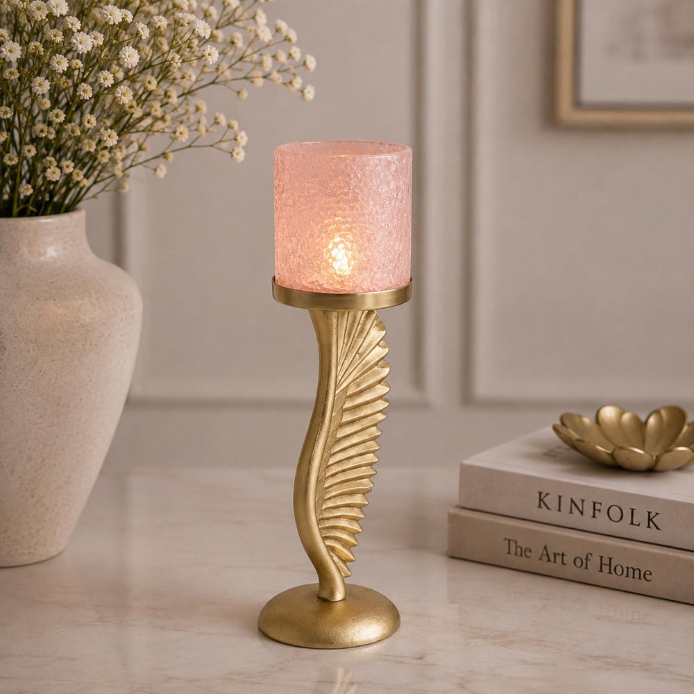 La Rosa Decorative Candle Stand with Wing Base, Small- Pink & Gold