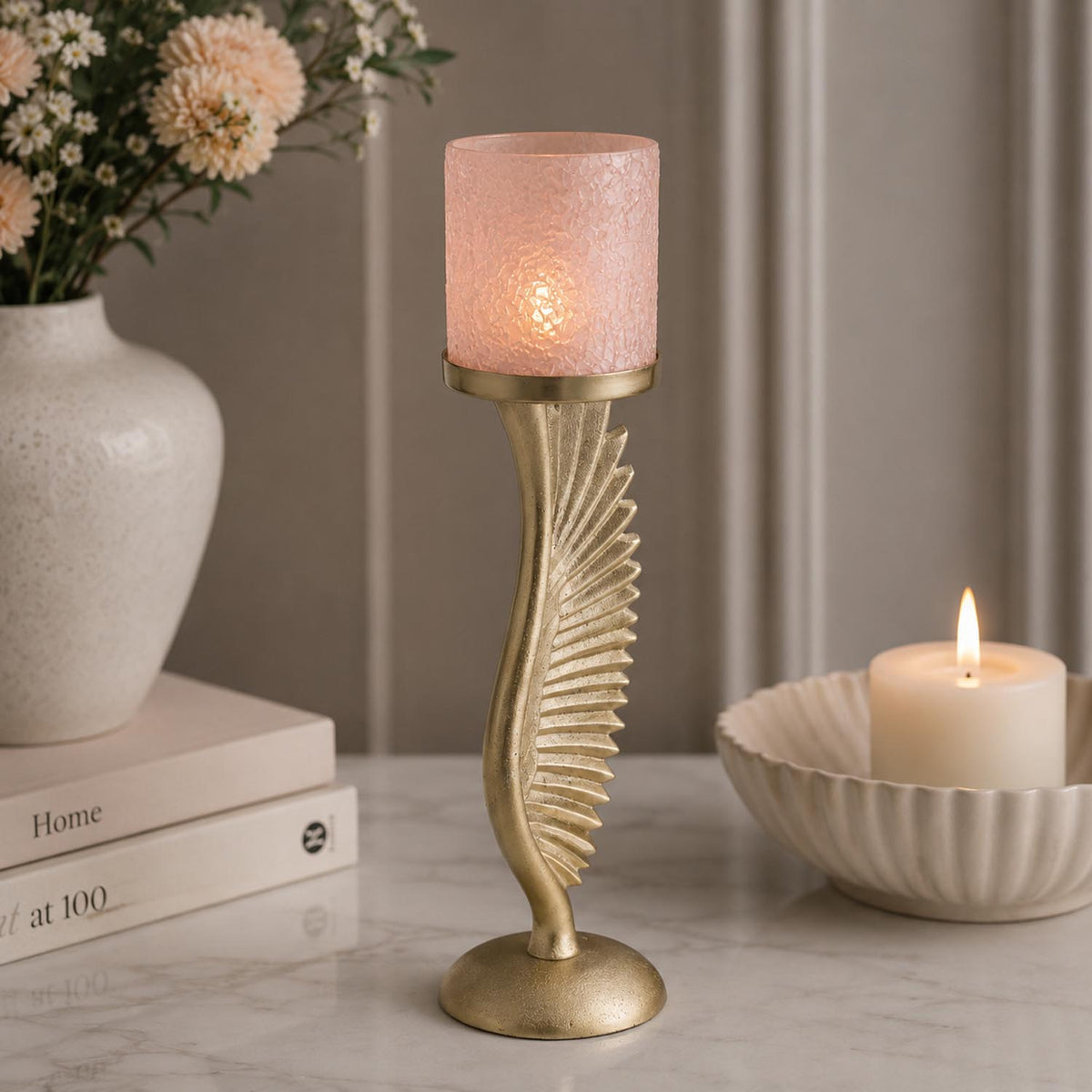 La Rosa Decorative Candle Stand with Wing Base, Large- Pink & Gold