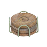 Happy Hour Wooden Printed Coaster Set of 4 with Stand- Sage Green