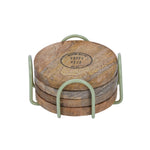 Happy Hour Wooden Printed Coaster Set of 4 with Stand- Sage Green