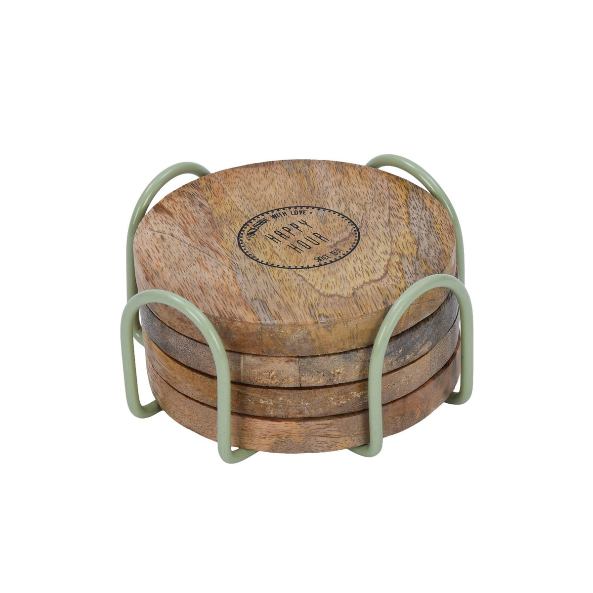 Happy Hour Wooden Printed Coaster Set of 4 with Stand- Sage Green