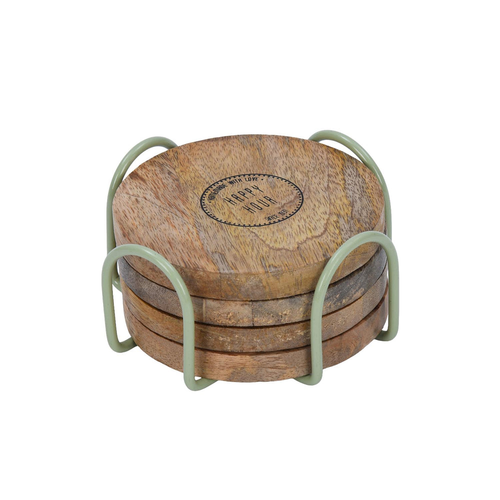 Happy Hour Wooden Printed Coaster Set of 4 with Stand- Sage Green