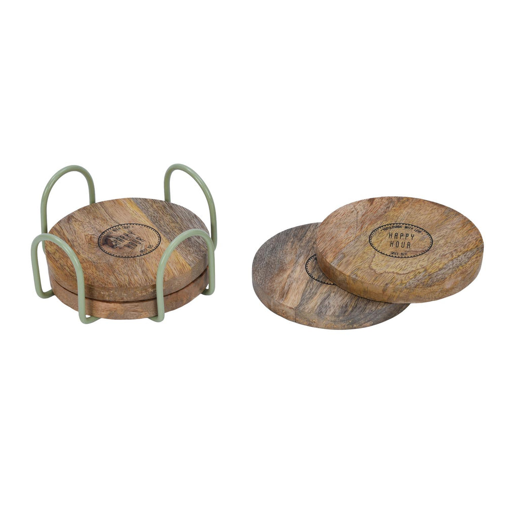 Happy Hour Wooden Printed Coaster Set of 4 with Stand- Sage Green