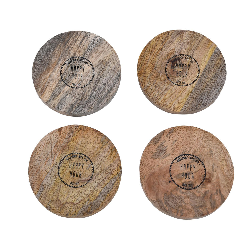 Happy Hour Wooden Printed Coaster Set of 4 with Stand- Sage Green