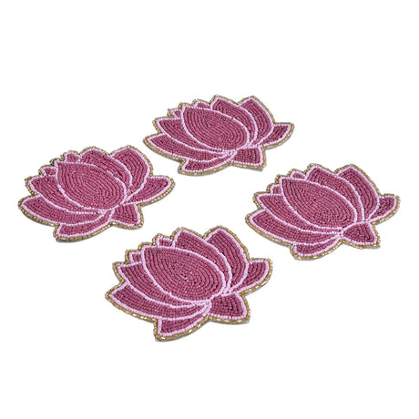 Madhuban Decorative Glass Beaded Lotus Set of 4 Coaster- Pink