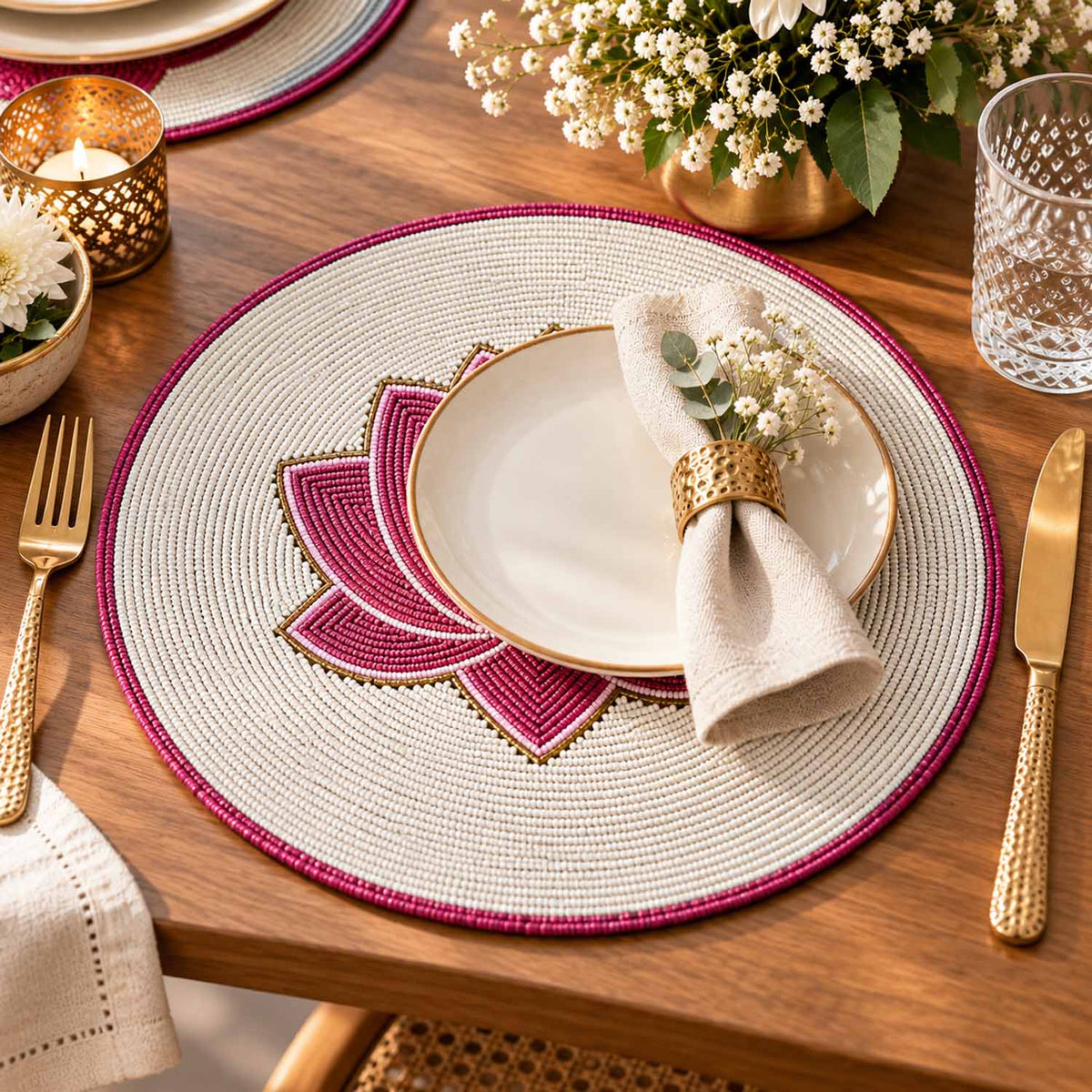 Madhuban Round Lotus Beaded Placemat- Pink
