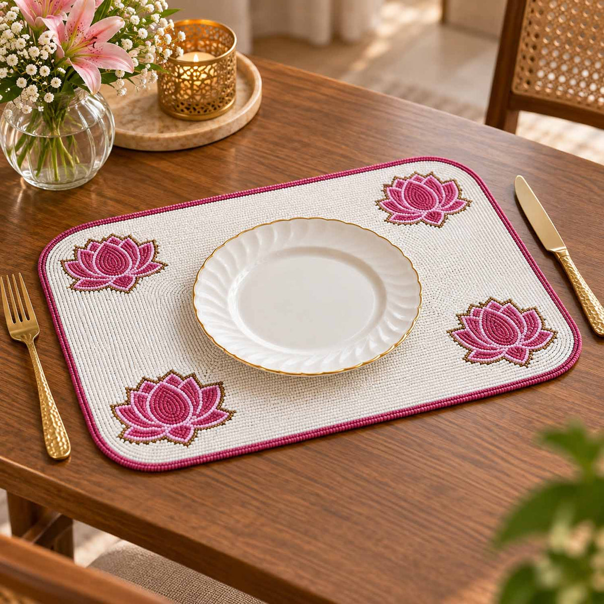 Madhuban Rectangular Lotus Beaded Placemat- Pink