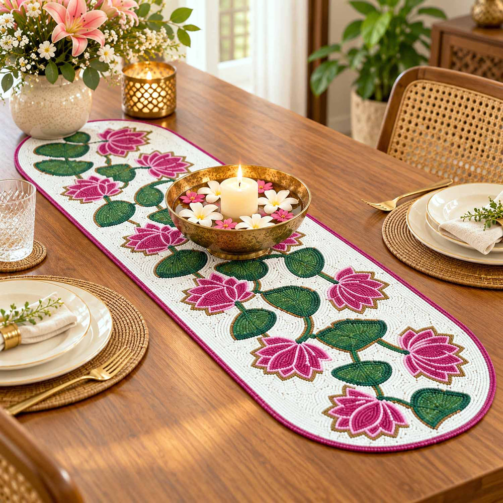 Madhuban Lotus Motif 4-Seater Table Runner- Pink