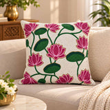 Madhuban Botanical Print 16" x 16" Cushion Cover- Pink & Green