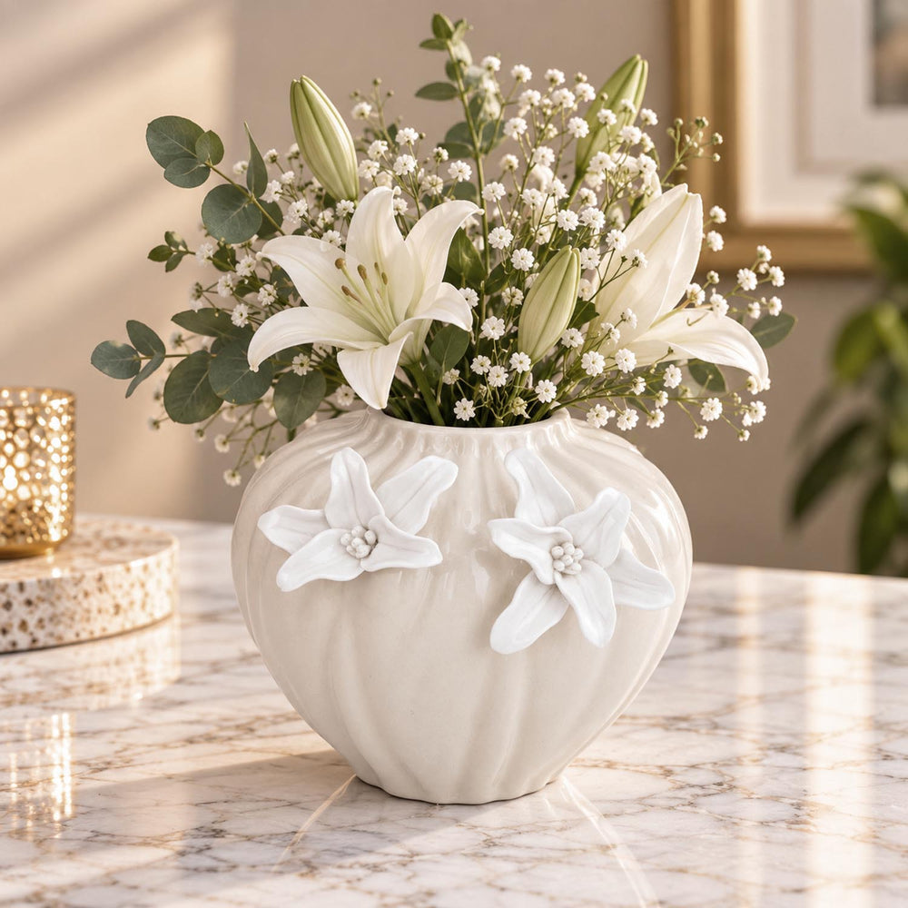 Elan Flora Dual Lily Pot Vase- Cream & White