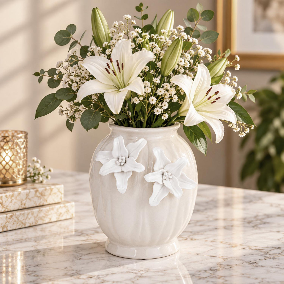 Elan Flora Oval Dual Lily Medium Vase- Cream & White