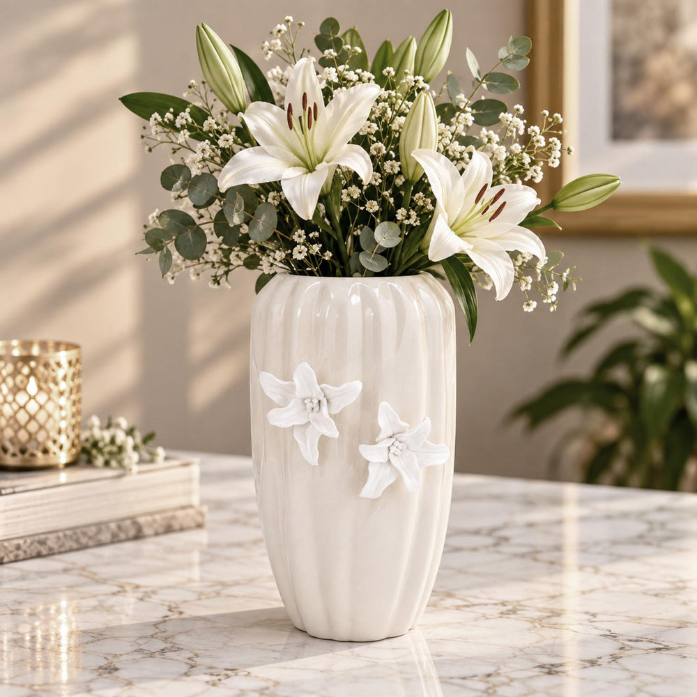 Elan Flora Semi Oval Dual Lily Large Vase- Cream & White