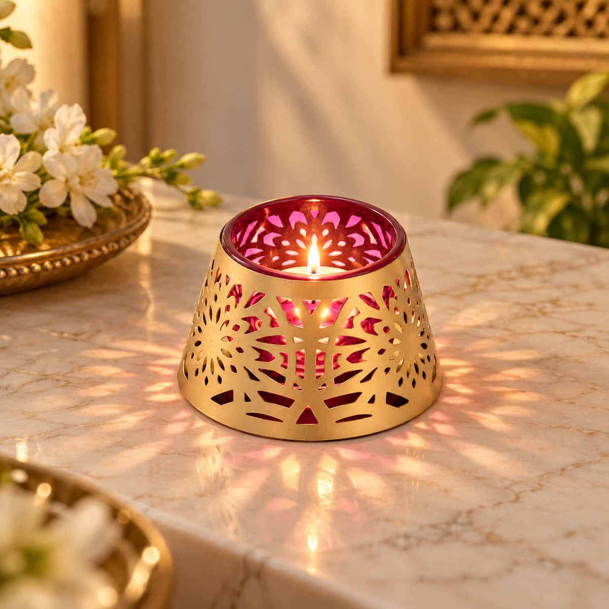 Golden Bloom Decorative Votive Tealight Candle Holder- Golden & Pink