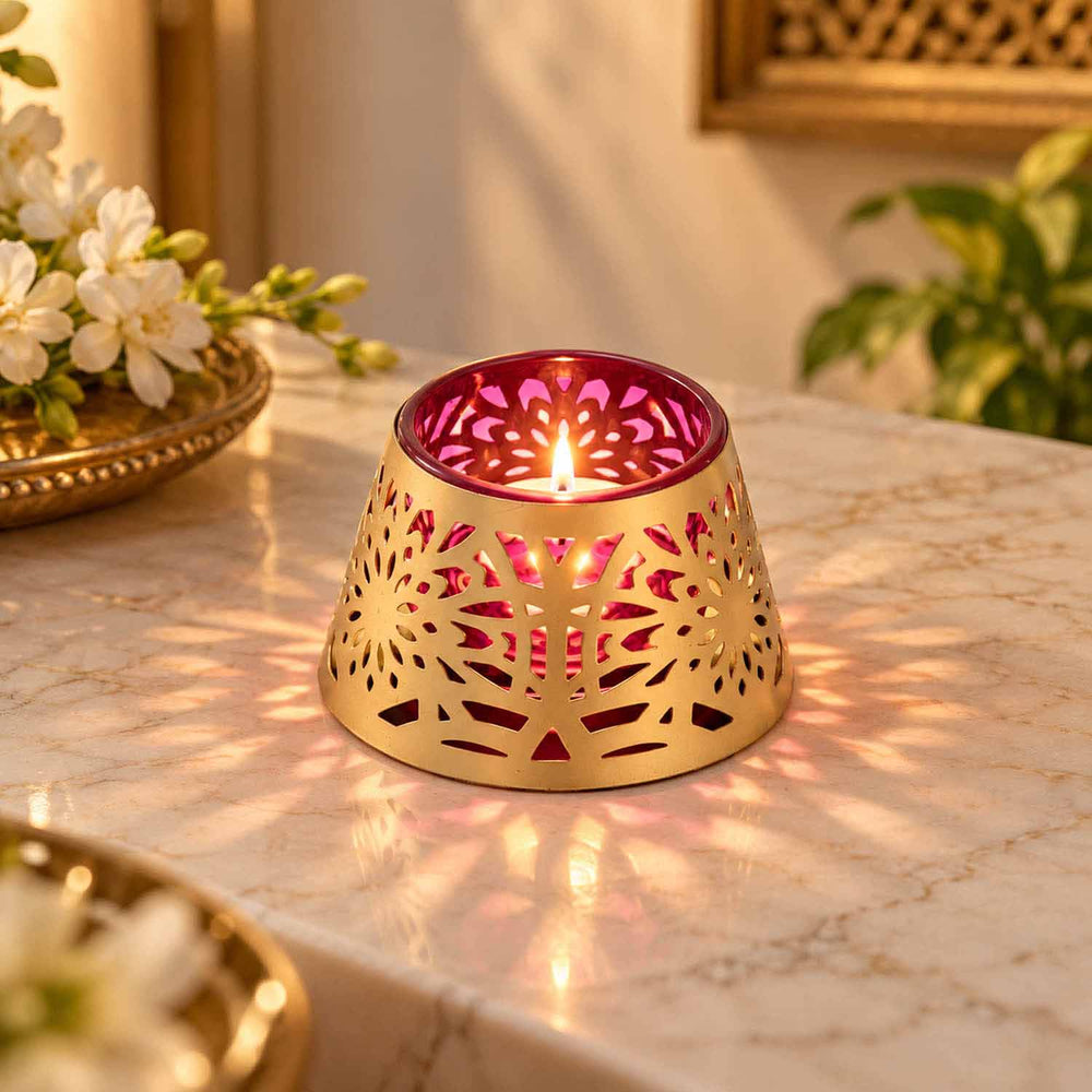 Golden Bloom Decorative Votive Tealight Candle Holder- Golden & Pink