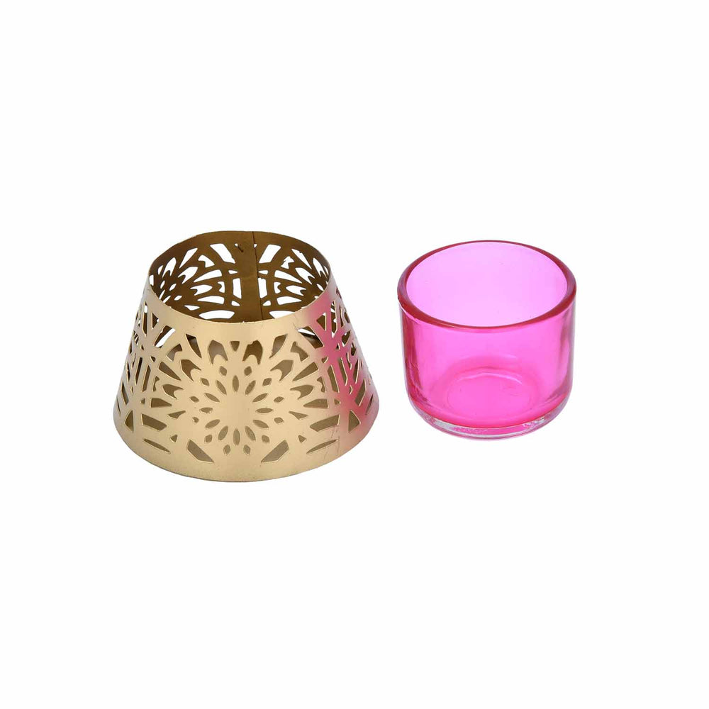 Golden Bloom Decorative Votive Tealight Candle Holder- Golden & Pink