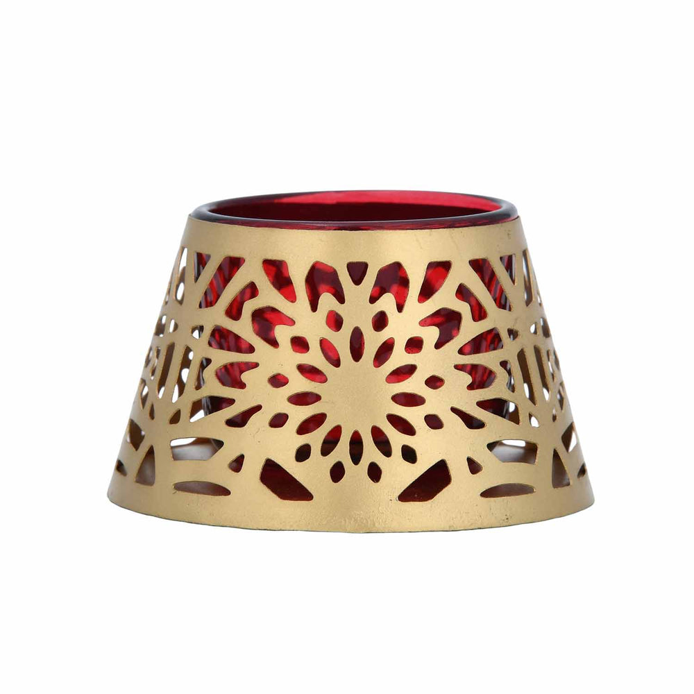 Golden Bloom Decorative Votive Tealight Candle Holder- Golden & Red