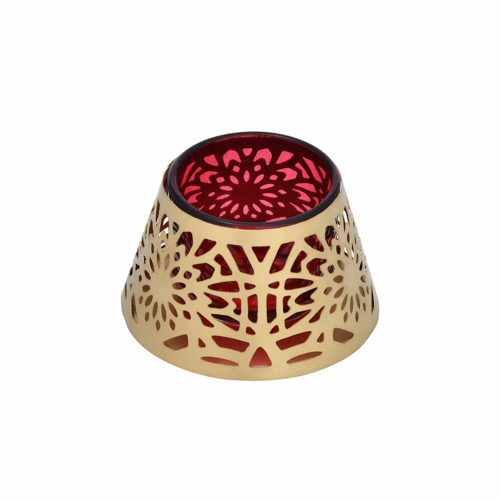 Golden Bloom Decorative Votive Tealight Candle Holder- Golden & Red