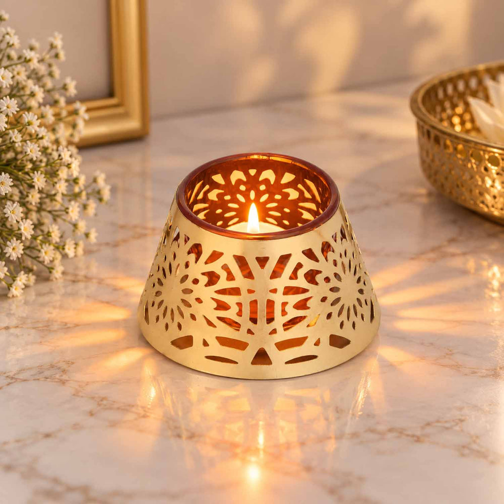 Golden Bloom Decorative Votive Tealight Candle Holder- Golden & Orange