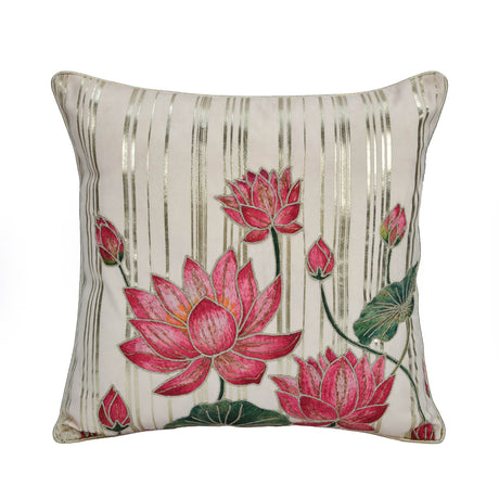 Madhuban Golden Strips 16" x 16" Cushion Cover- Cream