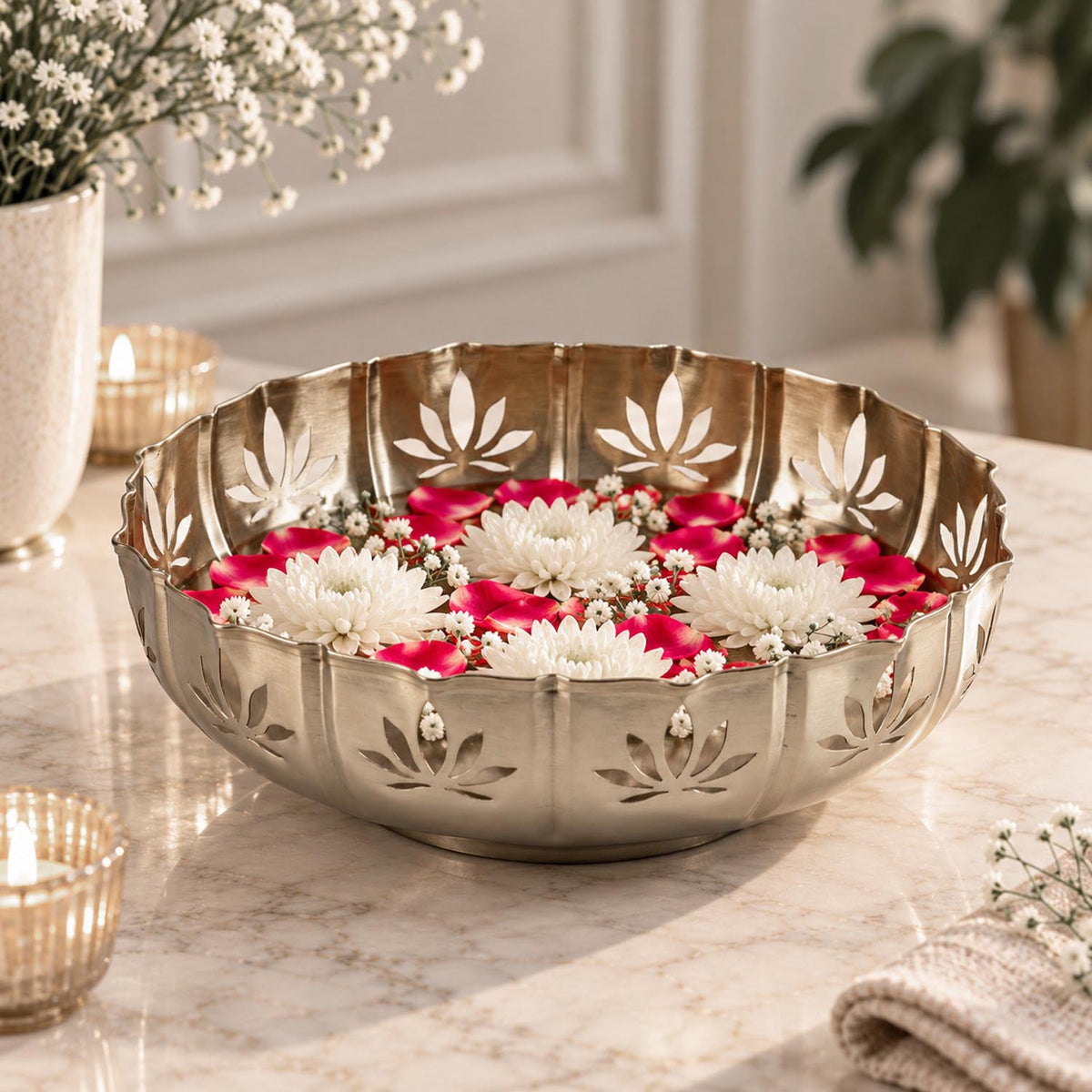 Golden Bloom Decorative Lotus Cutwork Urli- Gold
