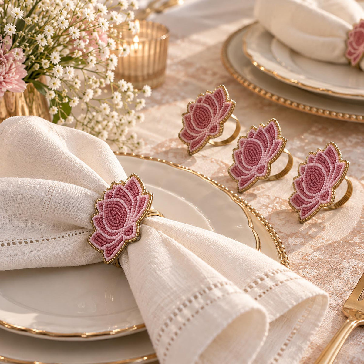 Madhuban Lotus Beaded Ring Napkin Set of 4- Pink