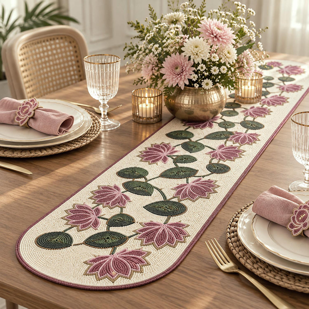 Madhuban Lotus Motif 6-Seater Table Runner- Pink